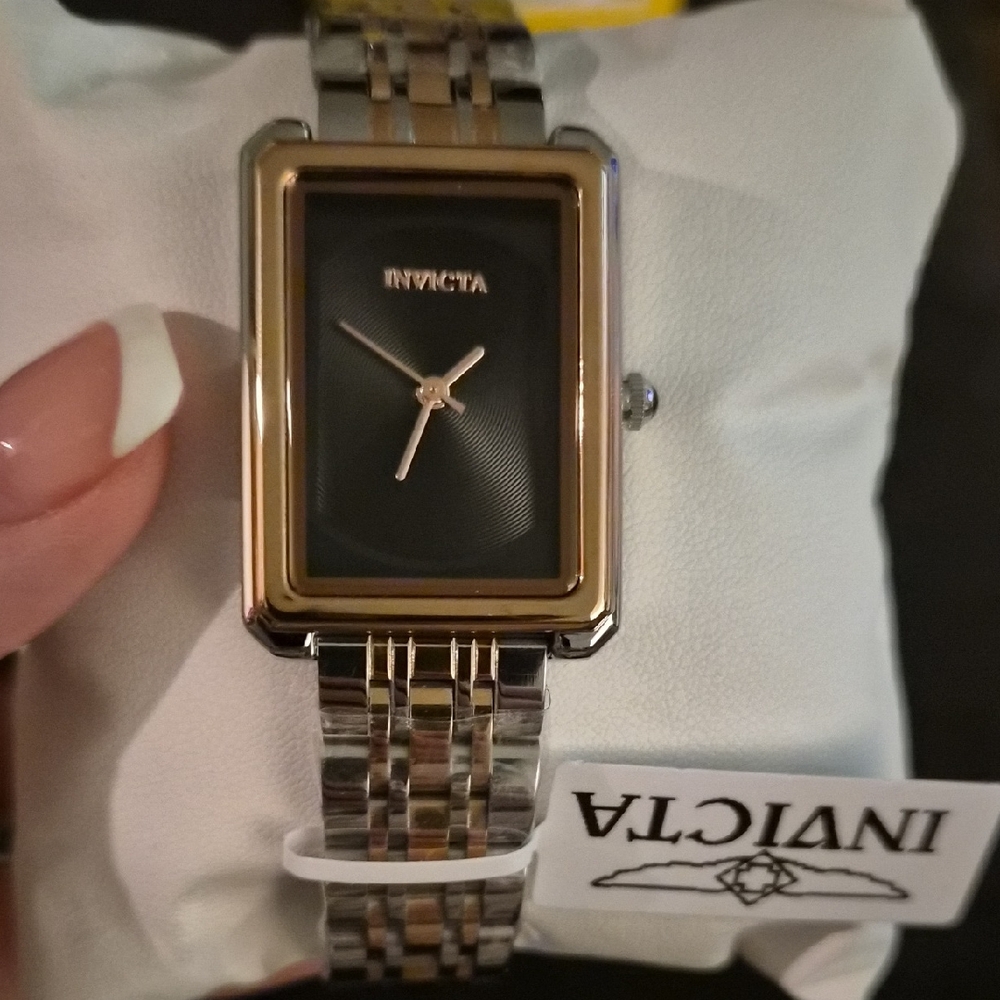 Invicta Black and Gold Two Tone Rectangular Watch Dark Dial